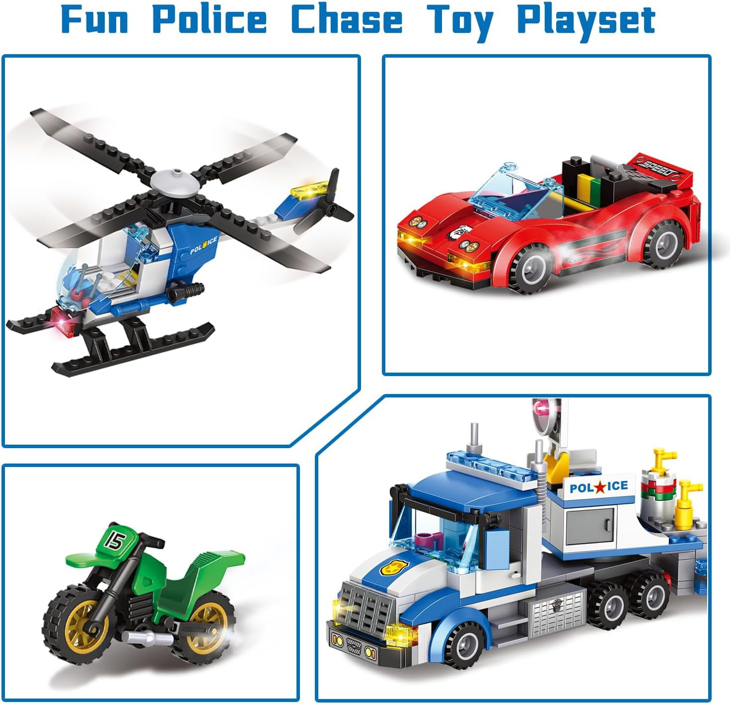 Honchoes 5-in-1 City Police Chase Building Sets Toy Compatible with Lego Car Truck Helicopter Gift for Boys 509 Pcs