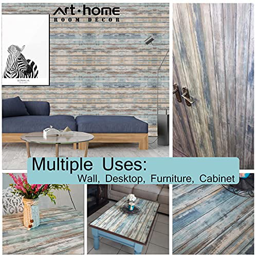 Blue Rustic Wood Paper 17''x120'' Self-Adhesive Removable Wood Peel and Stick Wallpaper Vinyl Decorative Wood Plank Film Vintage Wall Covering for Furniture Surfaces Easy to Clean Wooden Grain Paper