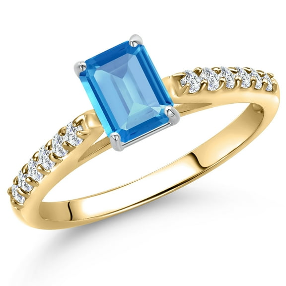 Gem Stone King 10K Two Tone Gold Swiss Blue Topaz and Lab Grown Diamond Engagement Ring for Women | 0.88 Cttw | Octagon 6X4MM | Gemstone November Birthstone | Size 7