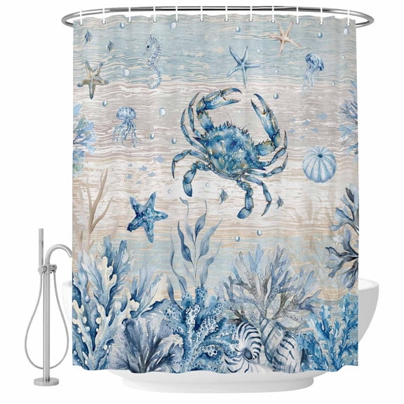 Shower Curtain Bathroom Set Summer Blue Ocean Crab Coral Waterproof Fabric Shower Curtains with Grommets&Hooks, Conch Starfish Retro Plank Privacy Bath Curtain for Bathtub 72x72in