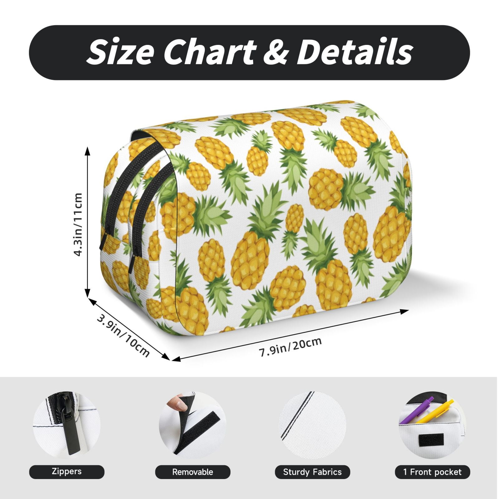 Rateoe Pineapple Pattern Double Clamshell Pen Case, Storage Organizer with Two Zipper Compartments– Holds Up to 50 Pencils & Pens