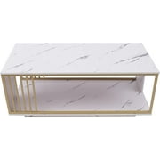 Miumaeov Marble Coffee Table Modern Living Room Table with Gold Metal Frame and Storage Shelf, 2 Tier Living Room Center Table for Home Furniture Office Decor
