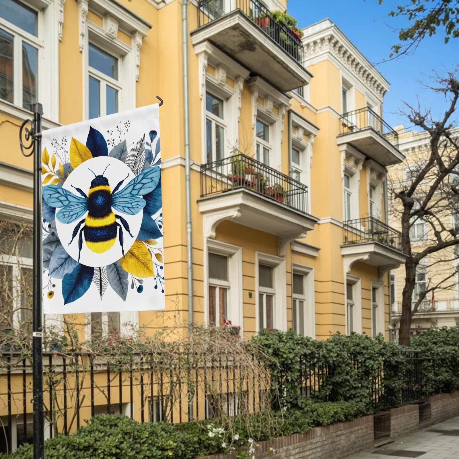 Bees House Flag 28 x 40 Inches, Gold Blue Leaves Plant Bee Weather Proof Outdoor Patio Flags Double Sided Small House Decoration for Yard Lawn Outside Home