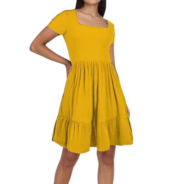 Vestido de playa con cuello cuadrado para mujer: corte A plisado, cuello cuadrado, ligero, informal/vacaciones, tejido transpirable.