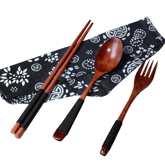 Japanese Kitchenware Set Japanese-Style Wooden Chopsticks Spoon Fork Tableware 3-Piece Set for Dining