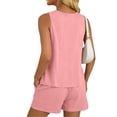 thumbnail image 5 of Matching Airport Travel Outfit Women's Imitation And Linen Summer Sleeveless Pocket Casual Round Neck Shorts Set Pink M, 5 of 5