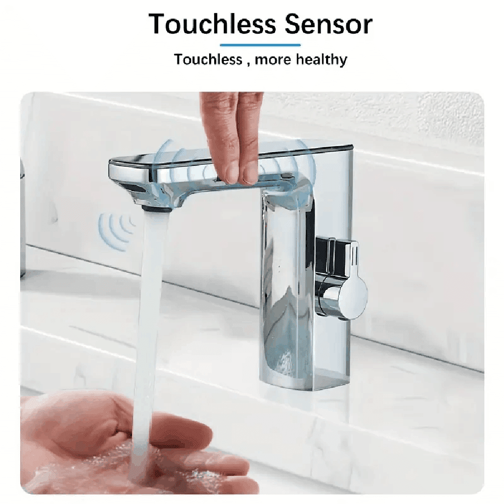 Chrome Bathroom Sink Faucet Smart Sensor 1 Hole LED Temp Display Lavatory Vanity Mixer Taps Touchless Bathroom Faucet