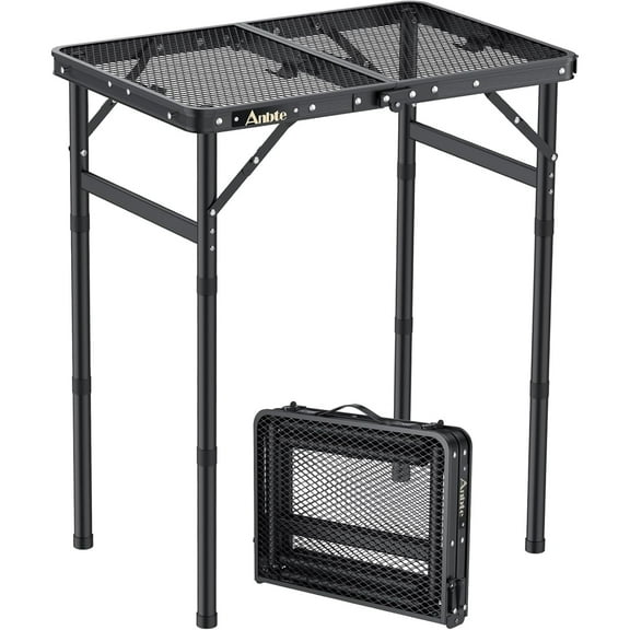 Folding Grill Table, Aluminum Camping Table Adjustable Height Max 27.5" Picnic Table Outdoor Table, Lightweight, Portable Handle for Travel Cooking BBQ Picnic, 22.8" x 16", Black