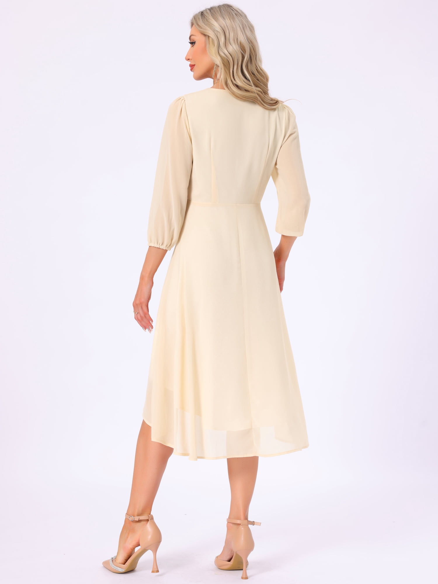 DARING DIVA Chiffon V-Neck Midi Cocktail Dress M Beige