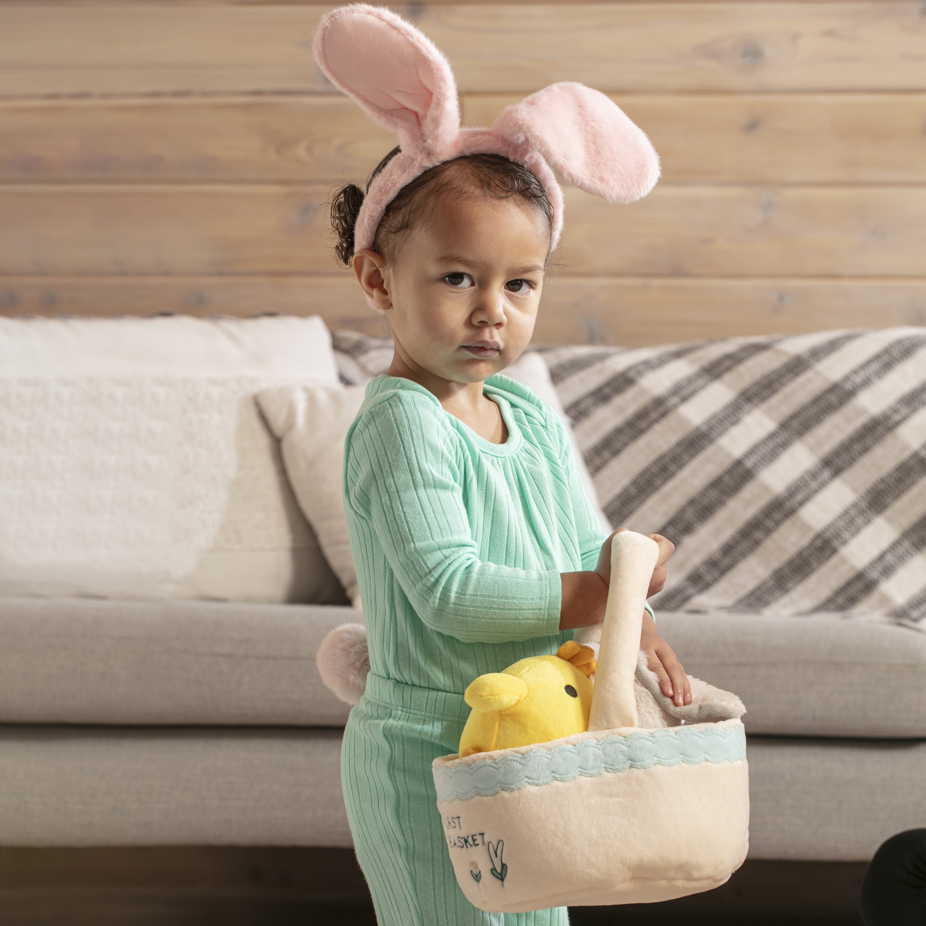 Easter Baby Plush Playset with Easter Basket, Bunny Holding Carrot, Easter Egg, and Squeaky Chicken, Sensory and Decorative Toys for Babies & Newborns