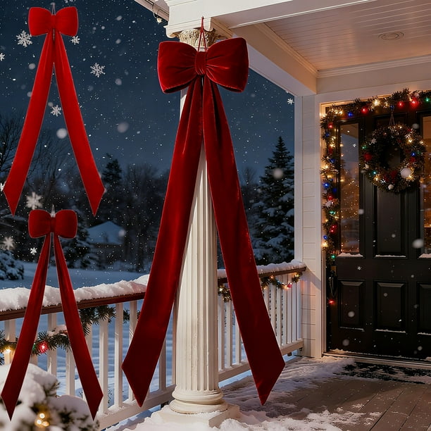 mfyjkho Arreglo Navideño De Terciopelo Con Lazo Grande De 59 Pulgadas Para Decoración Navideña, Poliéster, Rojo Vino, 1 Pieza