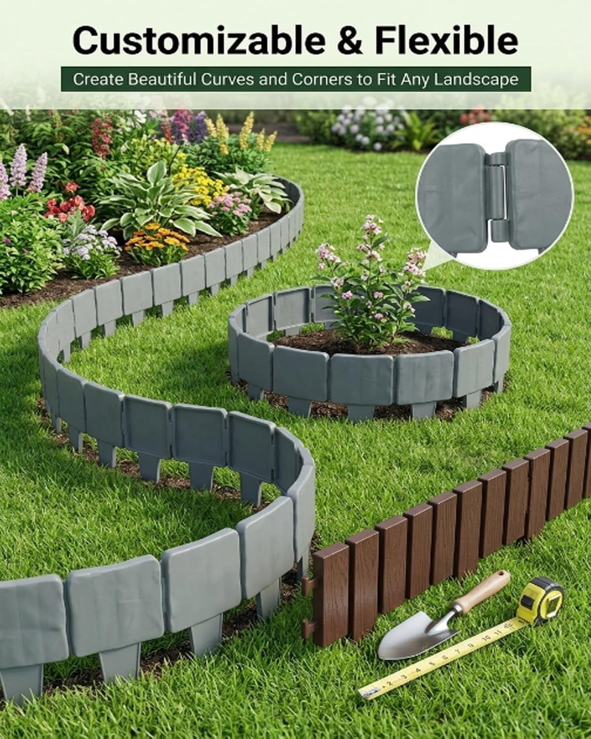 10/20/30/40PCS Imitation Stone Garden Fence Plastic Retaining Edging Border Faux Stone Garden Edging Border Landscape Edging Stone Interlocking Garden Edging Border Stone with Stakes