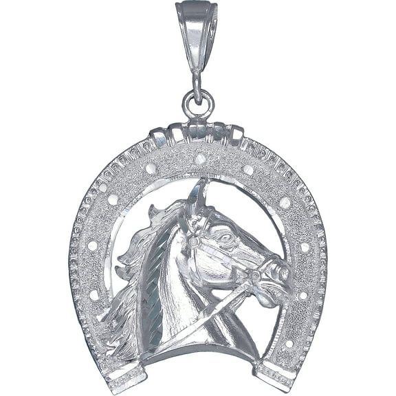 Large Sterling Silver Horseshoe with Horse Pendant Necklace 9 Grams 2.2 Inches with Diamond Cut Finish and 24 Inch Figaro Chain