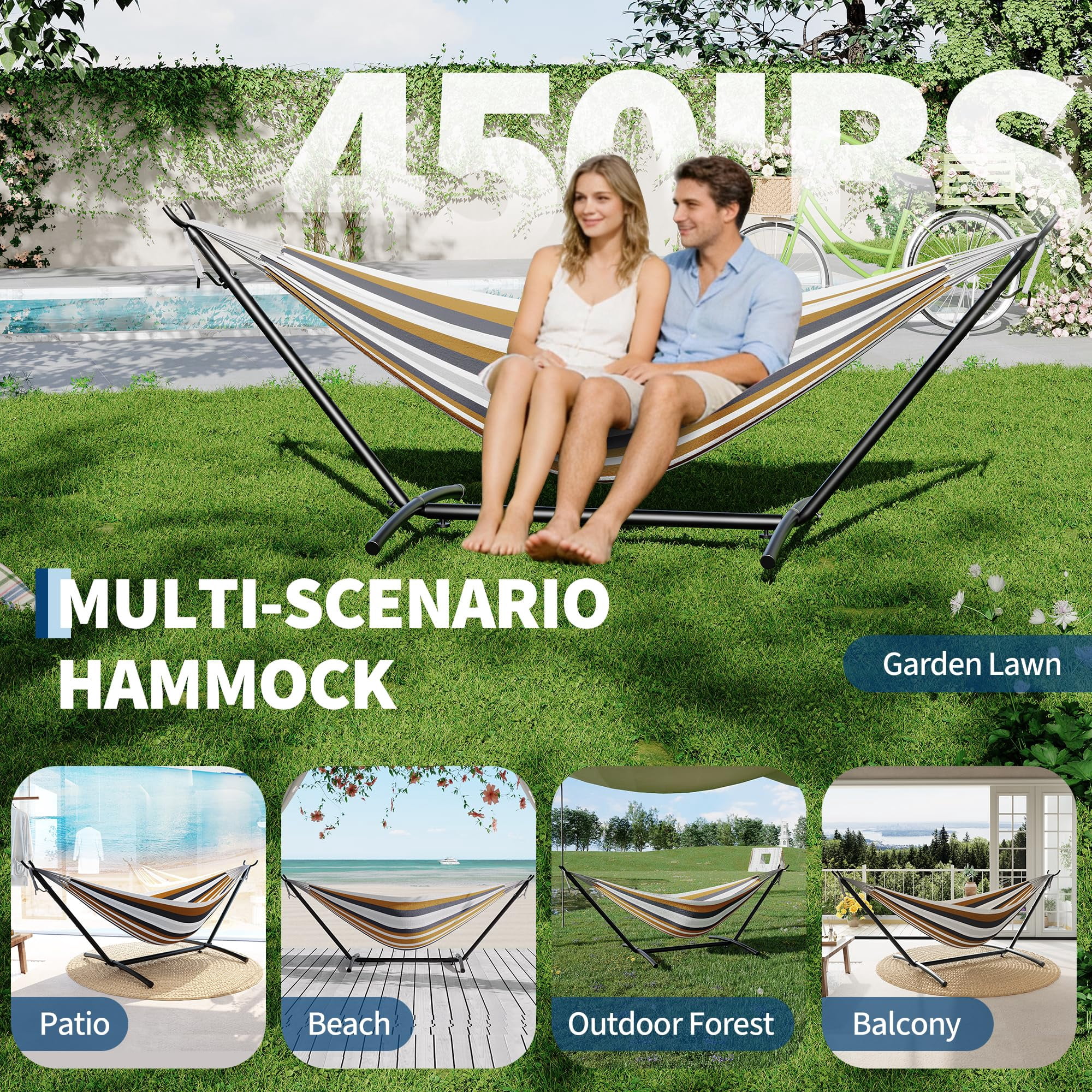 Double Hammock with Adjustable Steel Stand – Portable 2-Person Hammock with 450 Lbs Capacity, Waterproof Carry Bag & Space-Saving Design for Backyard, Beach & Balcony