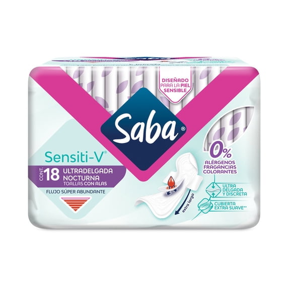 Toallas femeninas Saba Sensiti-V ultradelgada nocturna con alas flujo súper abundante 18 pzas