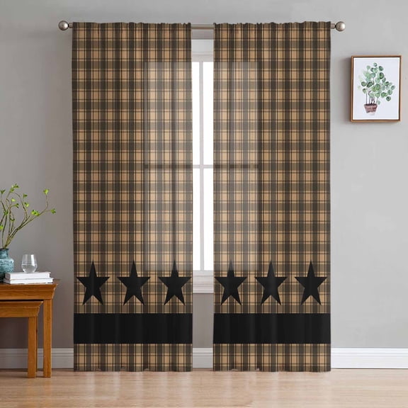 Brown Black Plaid Semi Sheer Curtains 63 Inch Length 2 Panels Set, Vintage Rustic Star Buffalo Check Sheer Kitchen Curtain Privacy Voile Window Curtain for Living Room Bedroom Rod Pocket Drapes
