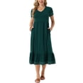 thumbnail image 2 of INSPIRE CHIC Vestido Midi A-Line de Verano para Mujeres con Cuello en V, Manga Corta, con Bolsillos y Ribete en Contraste, Talla L, Verde Oscuro, 2 of 6