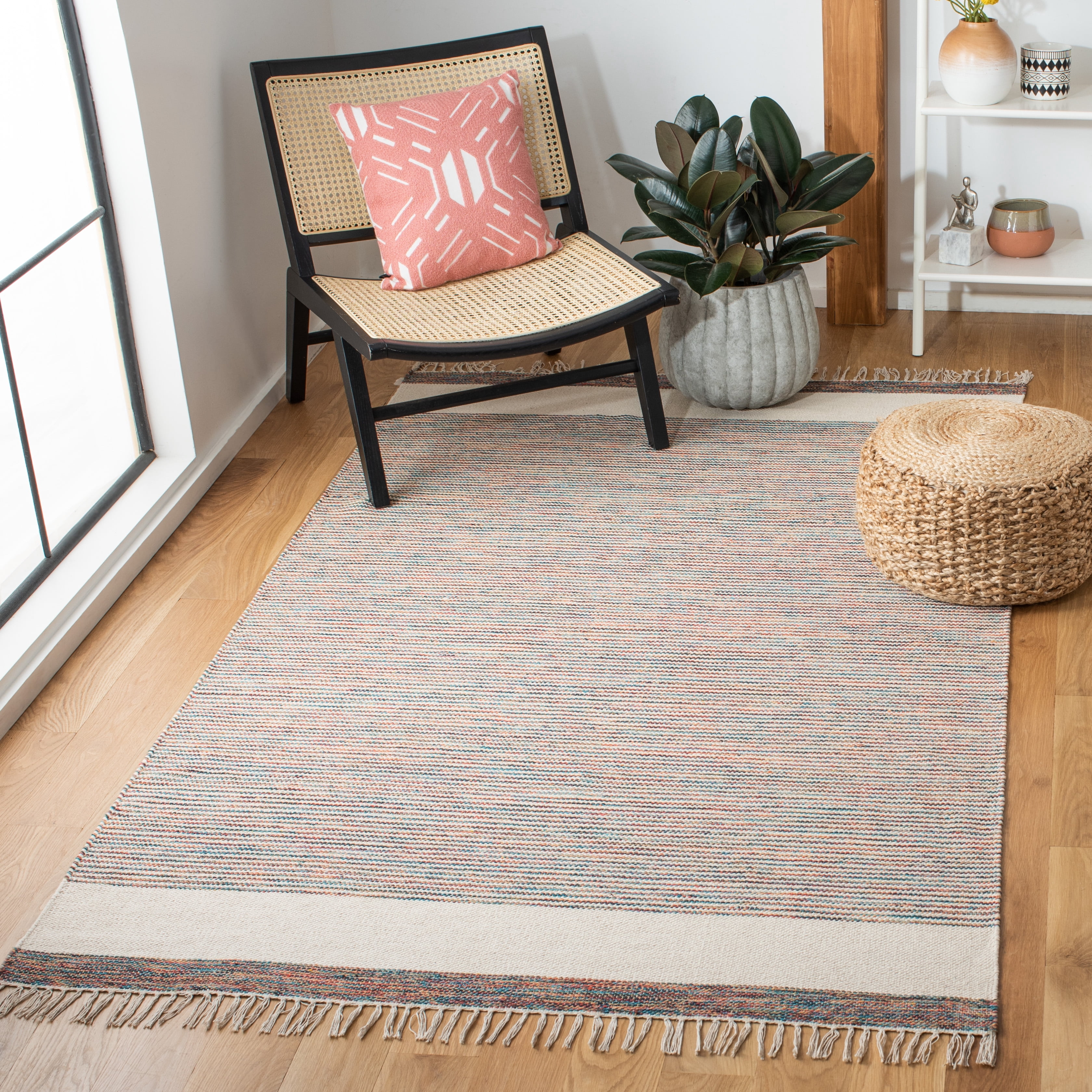 SAFAVIEH Montauk Abel Striped Cotton Area Rug, Beige/Blue, 5' x 8'