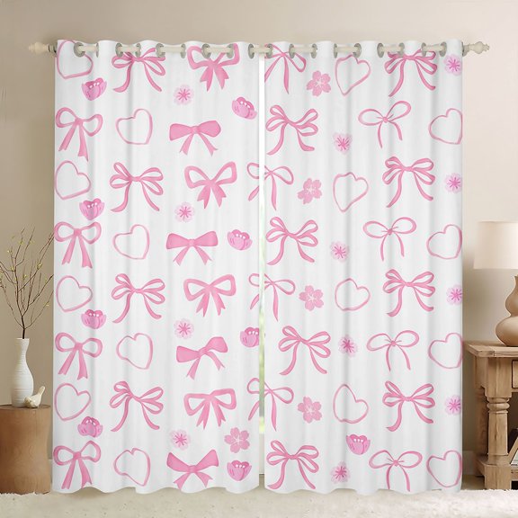 Manfei Pink Bow Love Heart Flower Black Out Curtains for Girls, Cute Ribbon Curtains Pack of 2 (42x63 Each)