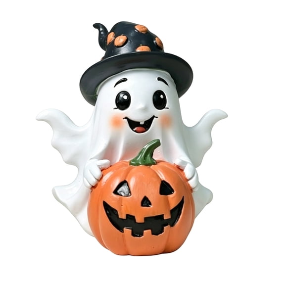 4.2 Inch Witch Hat Ghost Pumpkin Figurine, Resin Spooky Table Statue, Tiered Tray Ornament for Mantel Shelf and Halloween Party Decor