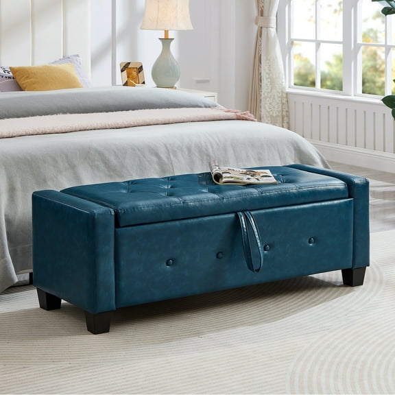 48 in Blue Ottoman Bench with Storage, Tufted Faux Leather PU, 18.1 in Wide x 17 in Tall