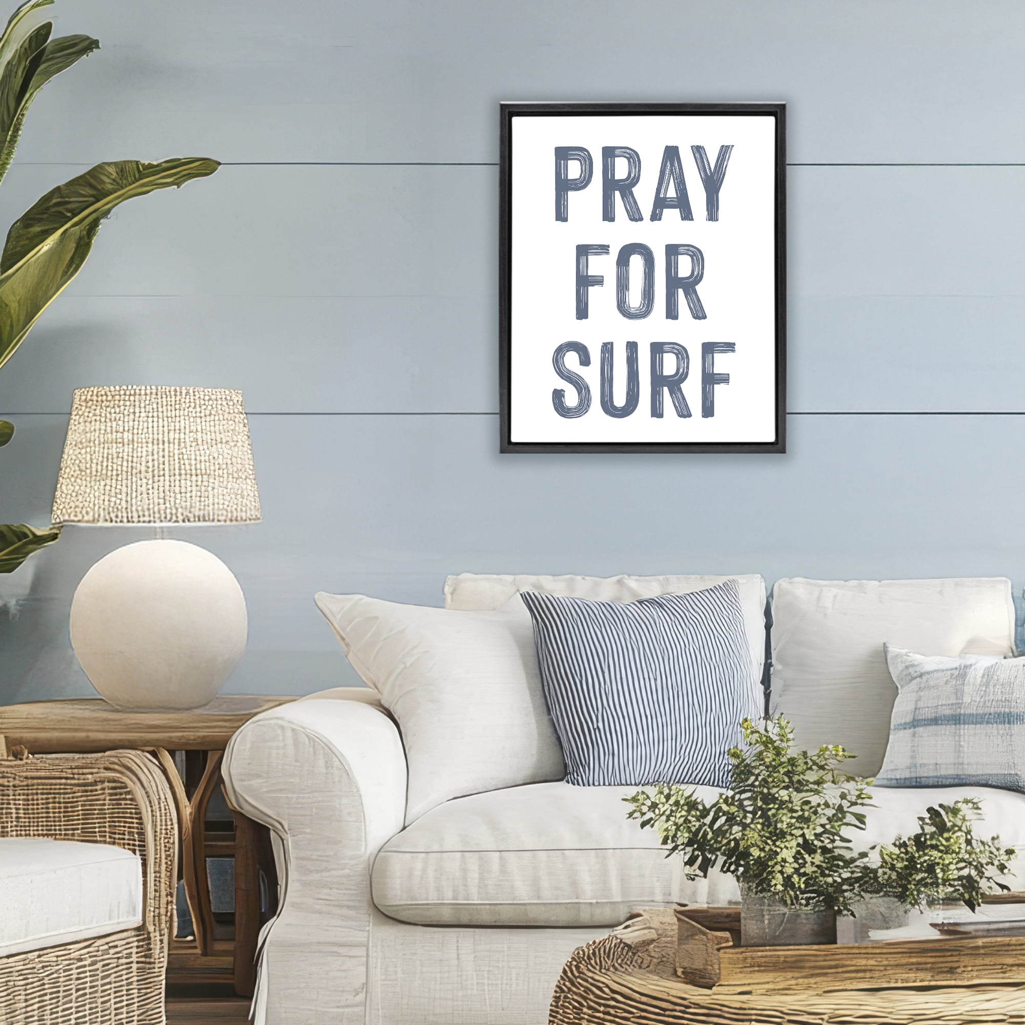 Summer Sentiment Pray For Surf Black Framed Floater Canvas Wall Art, design by Lettered and Lined