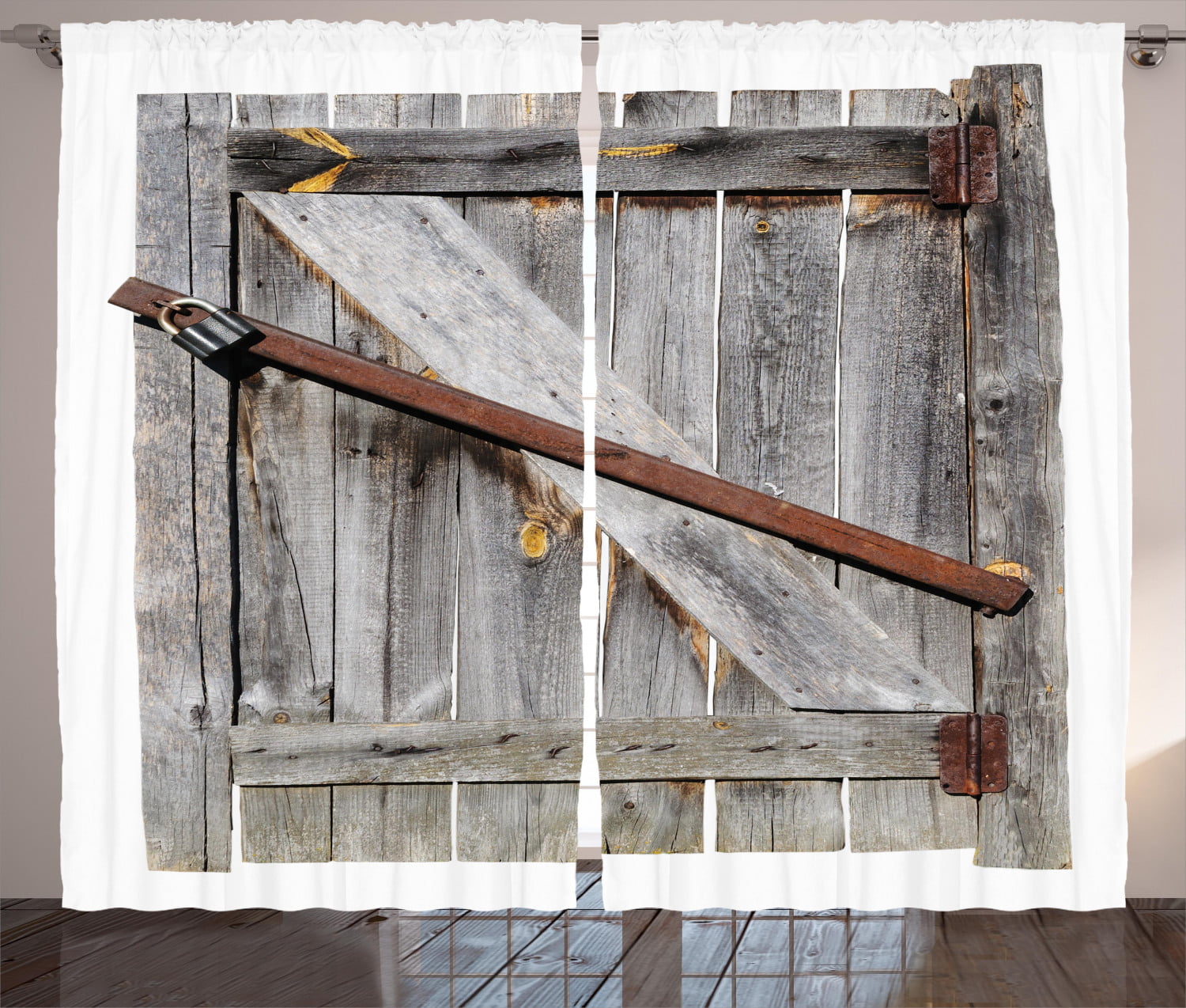 Details about   Rustic Window Curtains Wooden Barn Door Farmhouse Rural Art Architecture 