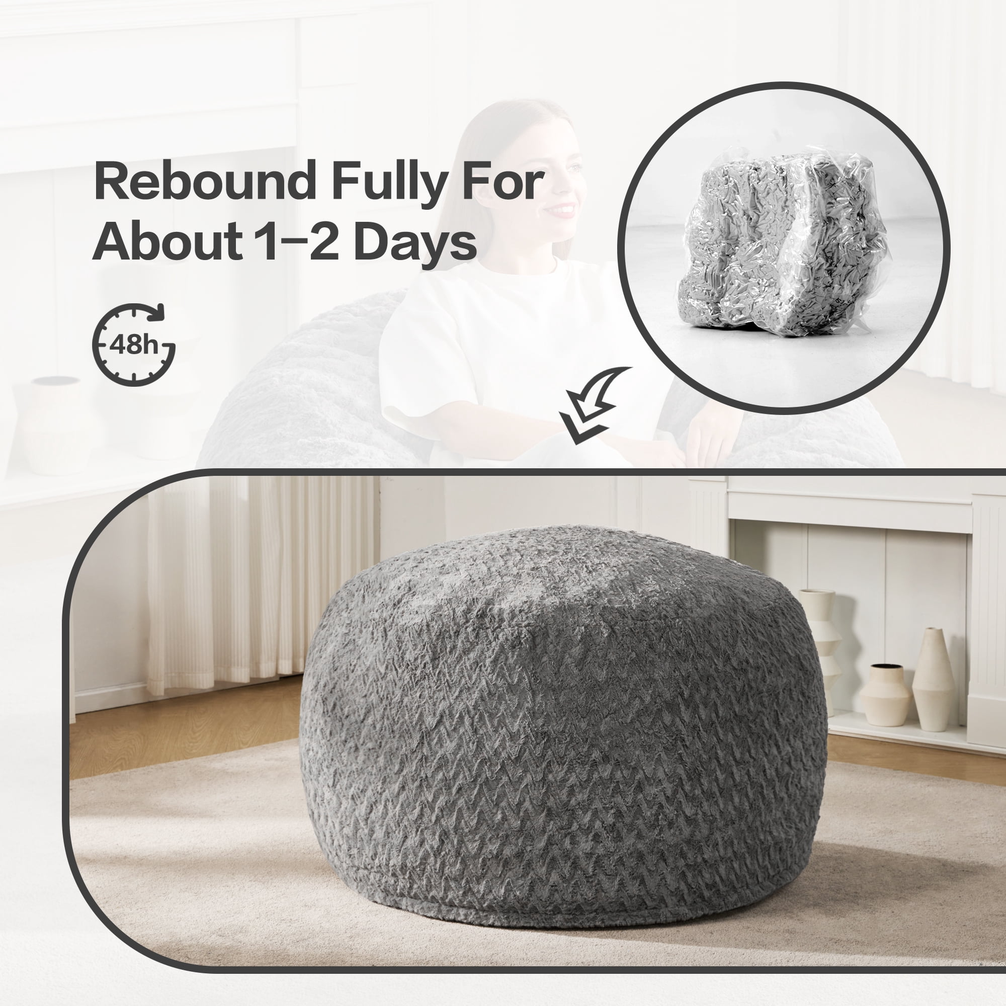 Hobestluk 3ft Bean Bag Chairs for Adults Large Beanbag Chair with Chevron Plush Fur Cover Big Bean Bag Chair for Living Room Bedroom Dorm Office - Grey (36” x 36” x 22”)
