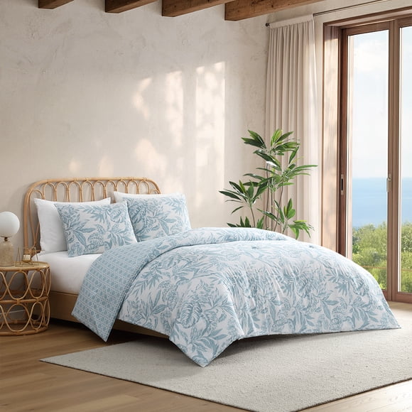 C&C California Printed Leaf Reversible Comforter Set, 100% Cotton, Breathable, All-Season Comfort , 3 piece, Full/Queen, Blue