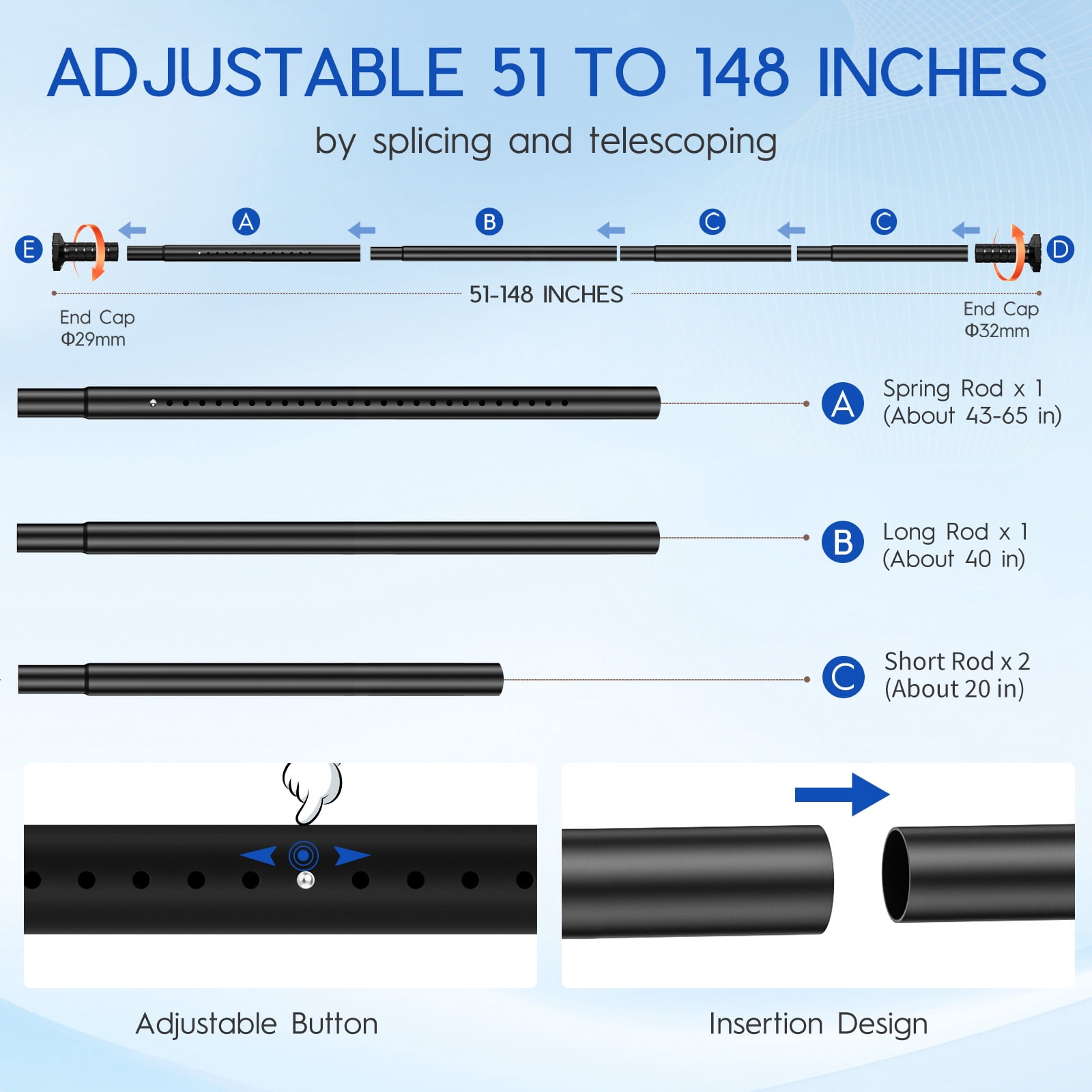 GIRACOA 2-in-1 Adjustable Curtain Rod, No Drill Tension & Screw Mount, Octagon Anti-Slip Base, Holds 40 lbs, Rust-Resistant for Bathroom Bedroom Living Room Patio (51-148 Inch, Black)