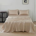 Anminy Satin Sheets Queen Silk Sheets Khiki Stripe Bed Sheet Set Deep Pocket Bed Flat Fitted