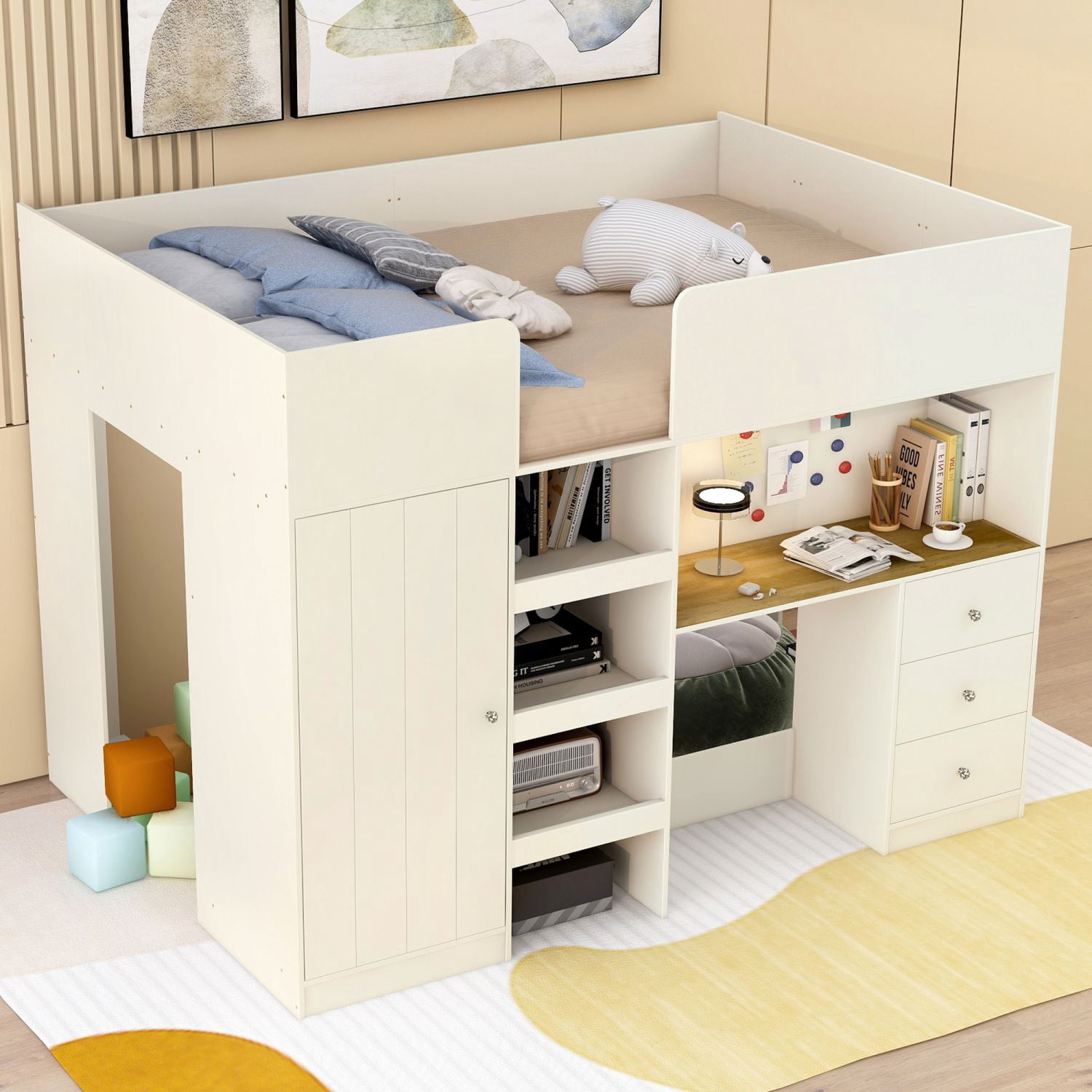 Asteroutdoor Wood Full Size Loft Bed with Built-in Wardrobe, Desk, Storage Shelves and Drawers, Beige