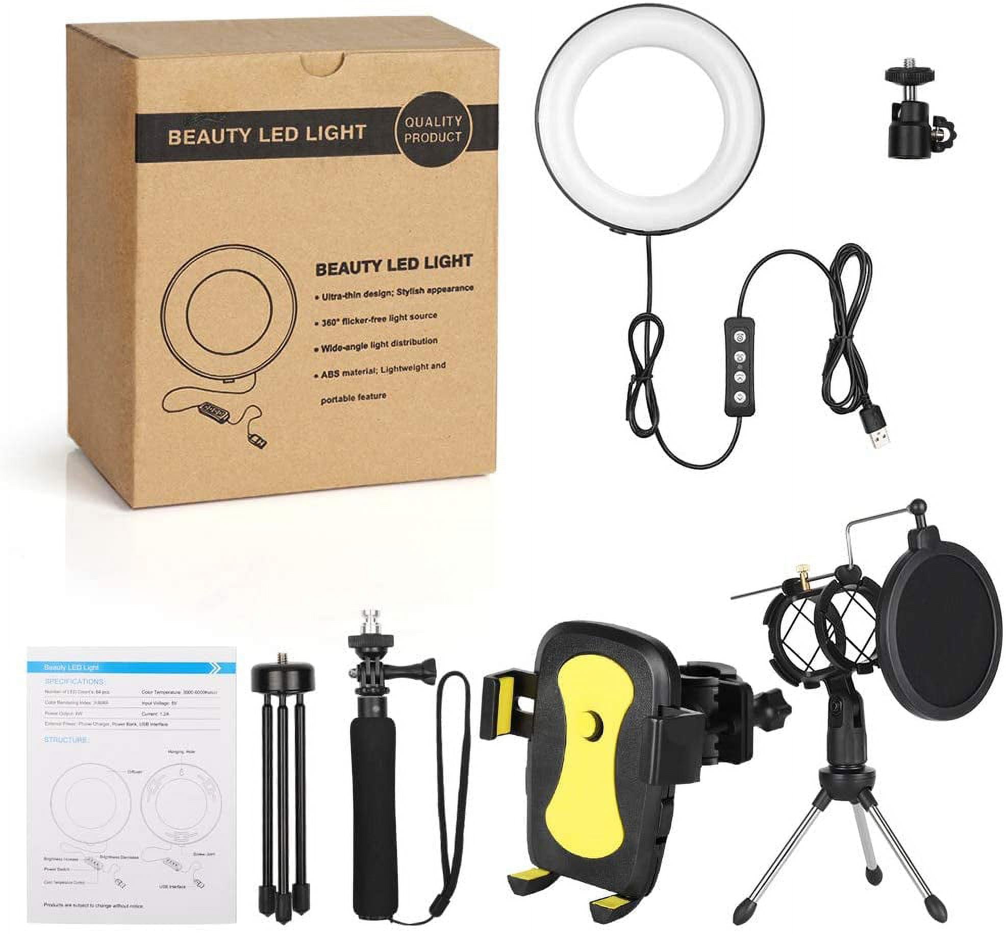LED Ring Light, 6" Mini LED Camera Light with Cell Phone Holder Desktop, LED Lamp with 3 Light Modes & 10 Brightness Level