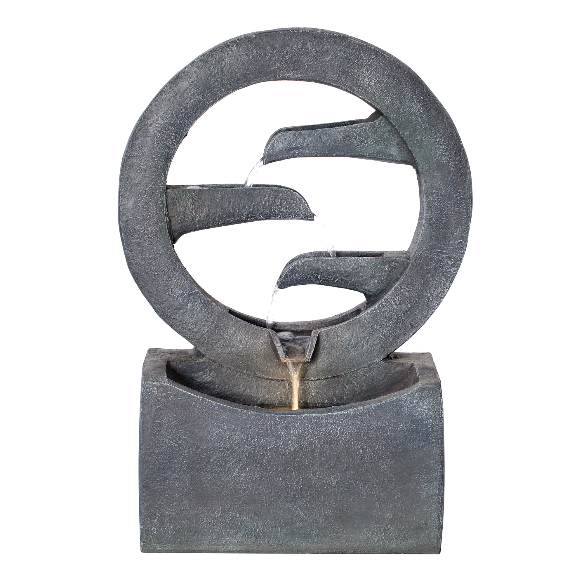 Circular LED Fountain, 26.77 Inch Gray Polyresin Outdoor Water Fountain for Patio Garden, Gray