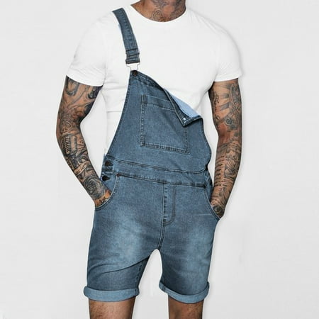 MHFRRA Mens Straight Leg Jeans Mens Fashion Trend Denim Suspender Shorts Loop Edge Denimromper Shorts Casual Jeans Size L
