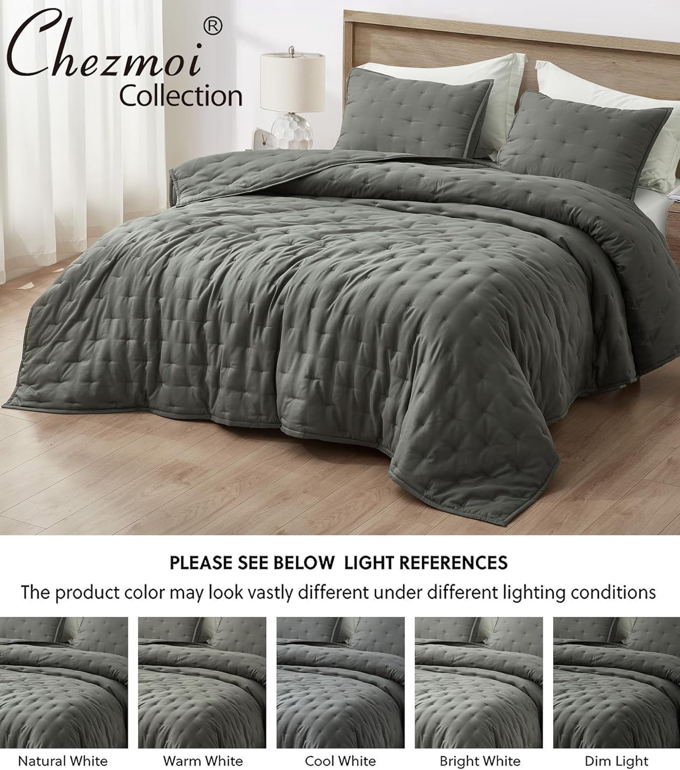 Chezmoi Collection Glen 3-Piece Crescent Stitched Quilt Set, Queen Size, Dark Gray, Rayon Derived from Bamboo & Polyester Blended, Soft Breathable Cooling Bedspread for Hot Sleepers