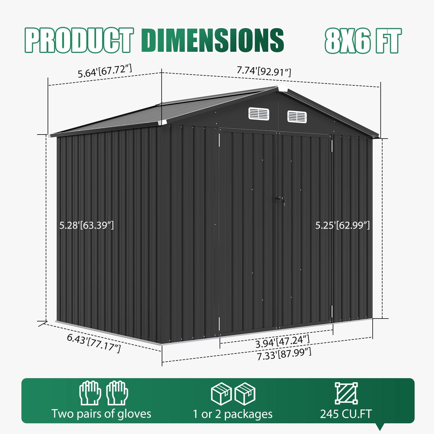 BaPiPro 8x6 FT Outdoor Storage Shed, Metal Shed Lockable Garden Tool Shed with Double Doors for Lawn Mower & Bike, Weather Resistant Patio Backyard Storage, Black