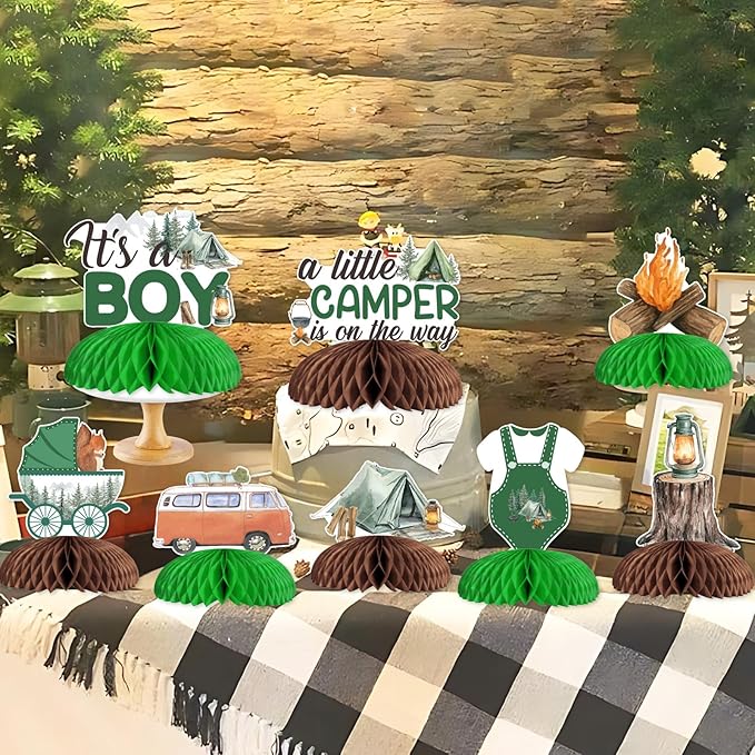 Little Camper Baby Shower Decorations, 8pcs A Little Camper is On The Way Honeycomb Centerpiece It's a Boy Table Topper for Woodland Camping Happy Camper Adventure Baby Shower Party Supplies