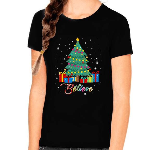 Girls Christmas Shirt Christmas Tee Believe Christmas Clothes for Girls Christmas Shirts for Kids