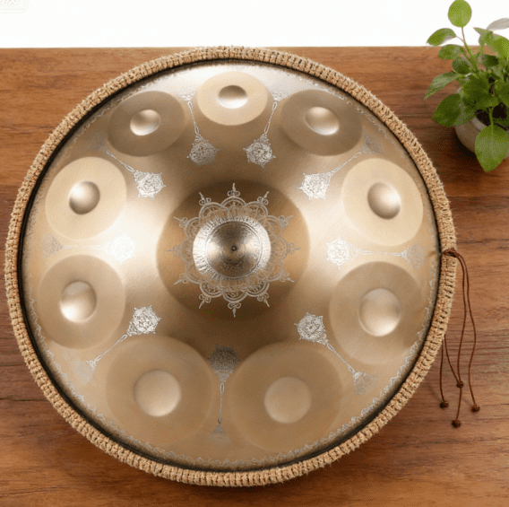 Mandala Pattern Steel Tongue Drum 440Hz - D Minor 10 Notes Gold Handpan Percussion Instrument