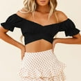 thumbnail image 5 of Lovskoo Chiffon Crop Tops Summer Tops for Women 2024 Crop Tops for Women Off Shoulder Short Sleeve Solid Color Trendy Comfortable Breathable Off The Shoulder Blouses Tops Black, 5 of 8