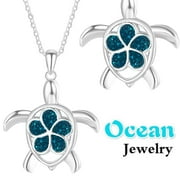 Christmas Clearance UHEOUN Women's Pendant Necklace Health and Longevity 925 Sterling Silver Created Blue Opal Sea Turtle Pendant Necklace 18", Birthstone Jewelry Gifts for Women