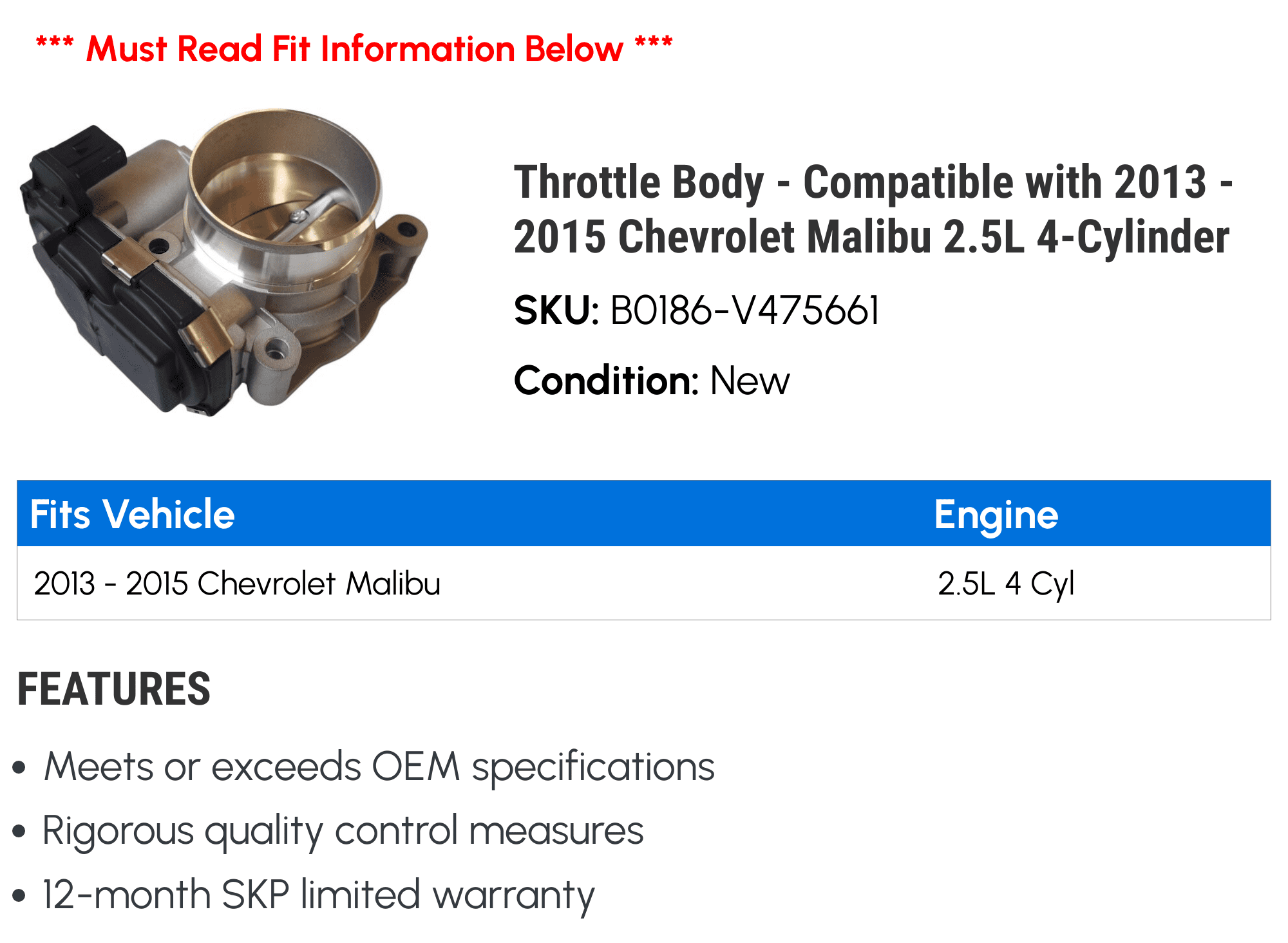 Throttle Body - Compatible with 2013 - 2015 Chevy Malibu 2.5L 4-Cylinder 2014