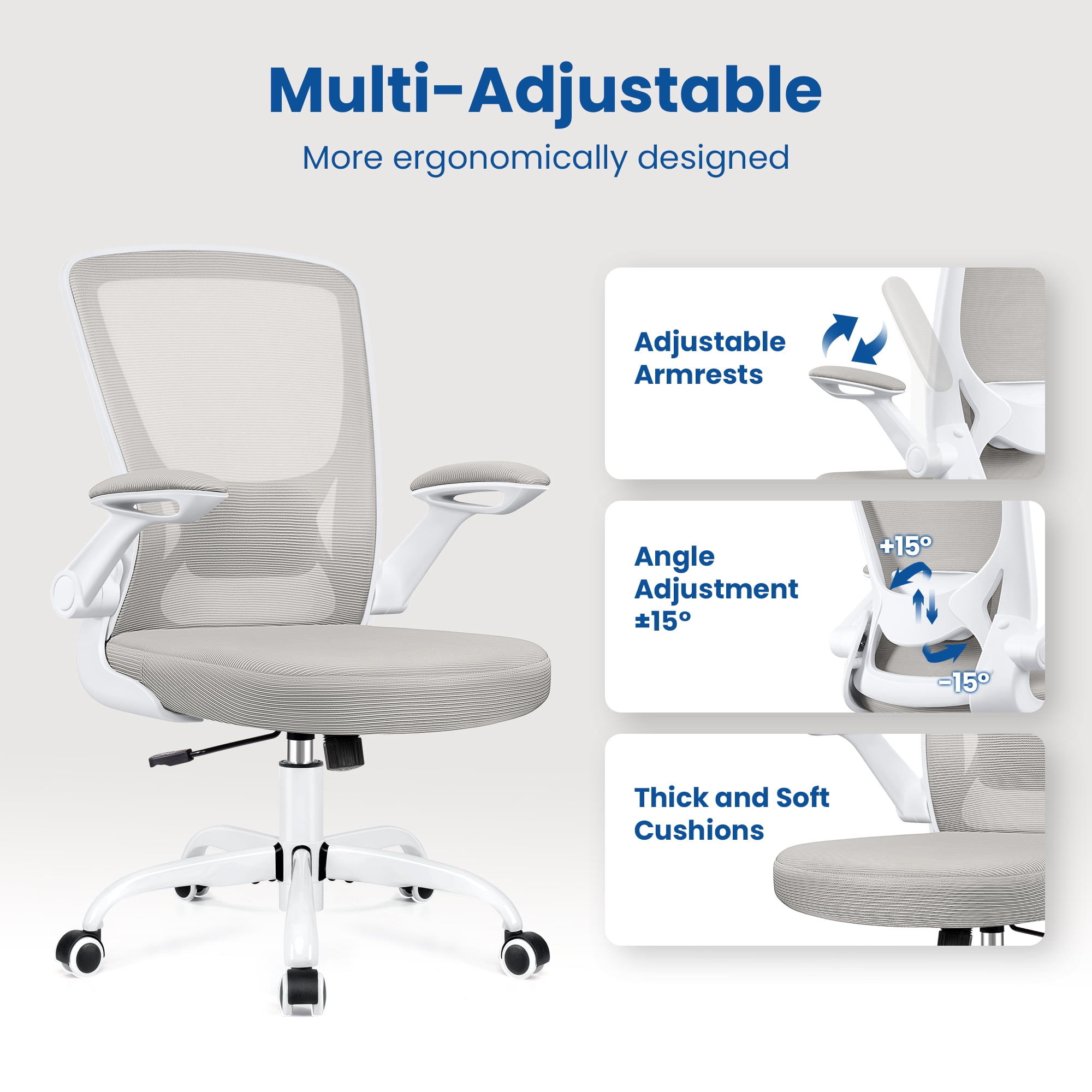 COOLHUT Office Chair, Ergonomic Office Chair, Comfort Home Office Task Chair, Lumbar Support Computer Chair with Flip-up Arms and Adjustable Height, 350LBS, Light Gray