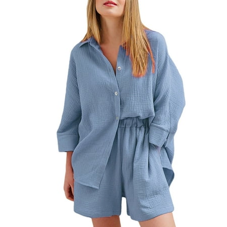 

Arvbitana Women s Casual 2 Piece Outfits Half Sleeve Button Down Shirts Tops and Shorts Lounge Pajamas Set