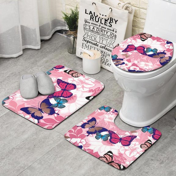 Pink Butterfly Flower Pattern Bathroom Rugs Sets 3 Piece,Toilet Cover Set,Absorbent Non Slip Bathroom Mats Sets with U-Shaped Contour Rug Toilet Rug Set