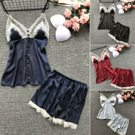 

2019 Summer Women Sexy Pajamas Silk Pijamas Sleepwear Deep V Sling Lingerie Set