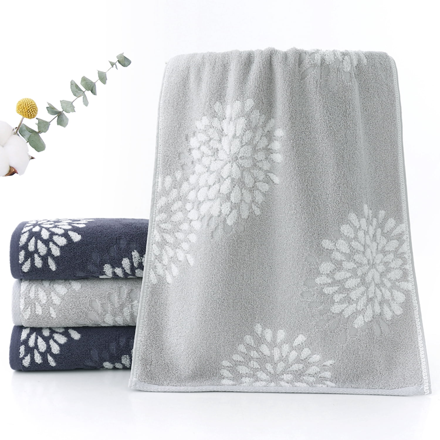 Pidada 100% Cotton Hydrangea Floral Pattern Hand Towels for Bathroom Set of 2 (Light Gray)
