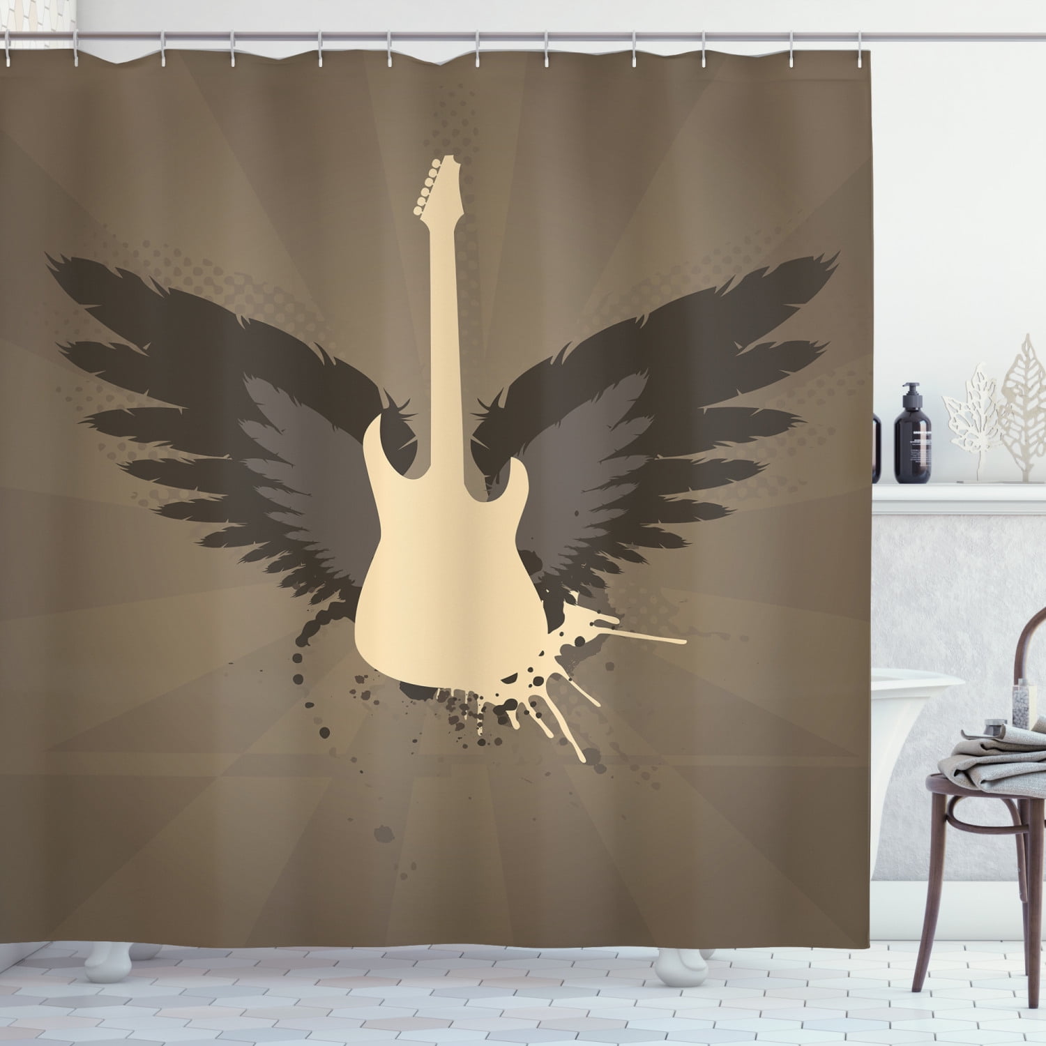 Modern Decor Shower Curtain, Music Themed Rocker Metal Head Guitar Art