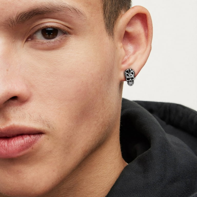 Bestyle Men's Gothic Skull Stud Earrings, Stainless Steel, Punk